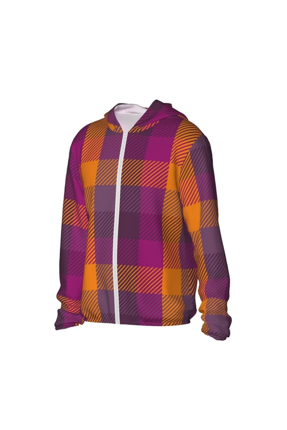 Purple Yellow Buffalo Plaid Women's Men's UPF 50+ Sun Protection Hoodie Shirt Long Sleeve SPF Fishing Outdoor UV Hiking Lightweight Shirts-X-Large