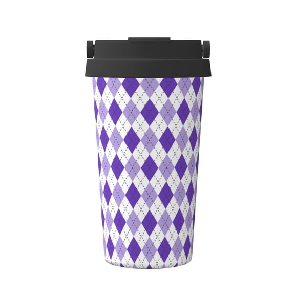Picia Purple argyle Pattern 500ml Carry Insulated Coffee Mug, Stainless Steel Travel Mug with Hidden Handle, Leak-Proof for Car, Office, Home, and Outdoor Use
