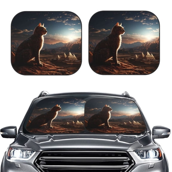 Picia Pyramid Desert Cat 2 Piece Car Windshield Sun Shade Foldable | Foldable Sun Shield for Front Window Blocks UV Rays and Keeps Your Vehicle Cool-Small