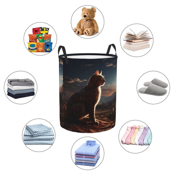 Picia Pyramid Desert Cat Large Laundry Basket, Waterproof, Freestanding Laundry Hamper, Collapsible Tall Clothes Hamper with Extended Handles-Small
