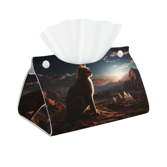 Picia Pyramid Desert Cat Pattern Long Tissue Box Cover,PVC Leather Triangle Holder,Tissue Box Holder with Magnetic Bottom,Facial Paper Organizer Dispenser-7.9"X4.9"X4.5"