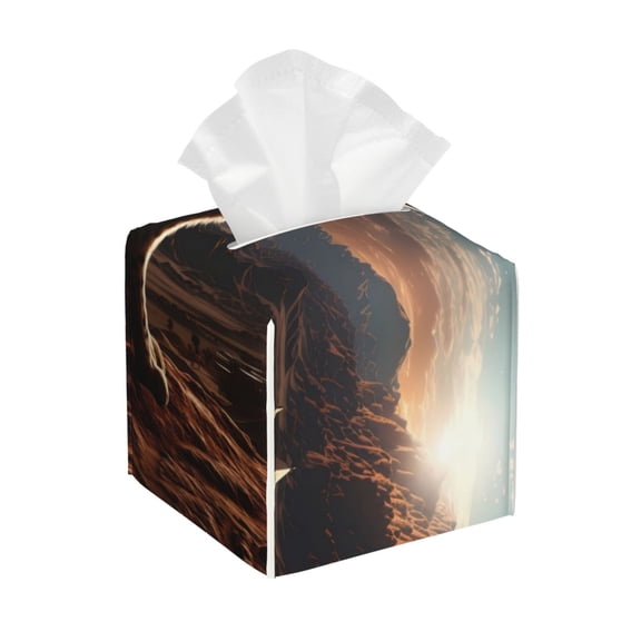 Picia Pyramid Desert Cat Pattern Tissue Box Cover,PVC Leather Square Holder,Tissue Box Holder with Magnetic Bottom,Facial Paper Organizer Dispenser-5.2"X5.2"X5.2"