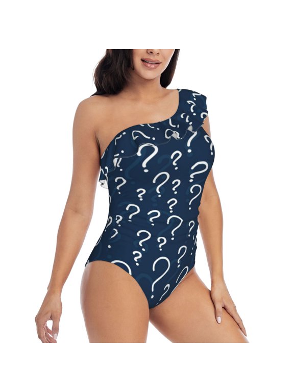 Question Marks Pattern Women's One Piece Swimsuits,One Shoulder Swimwear Asymmetric ,Ruffle Monokinis Bathing Suits,High Waisted Flattering Bathing Suits-Small