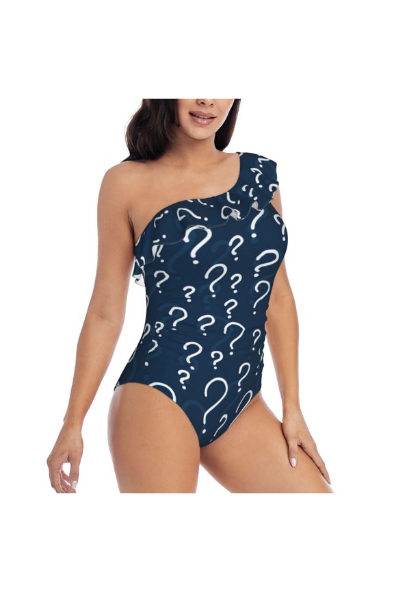 Question Marks Pattern Women's One Piece Swimsuits,One Shoulder Swimwear Asymmetric ,Ruffle Monokinis Bathing Suits,High Waisted Flattering Bathing Suits-Medium