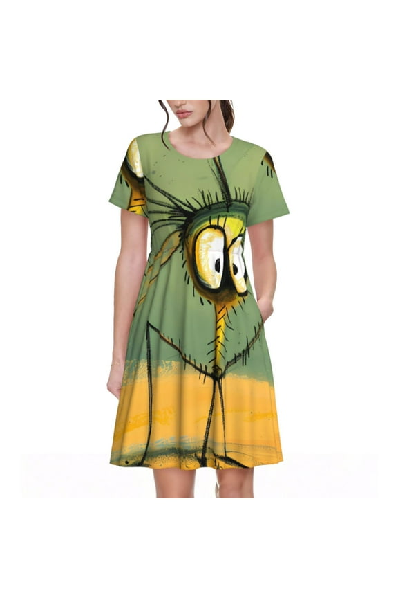 Quirky Cartoon 123 Pattern Women's Short Sleeve Summer Dress Pleated Loose Swing Knee Length Short Sleeve Swing Dresses