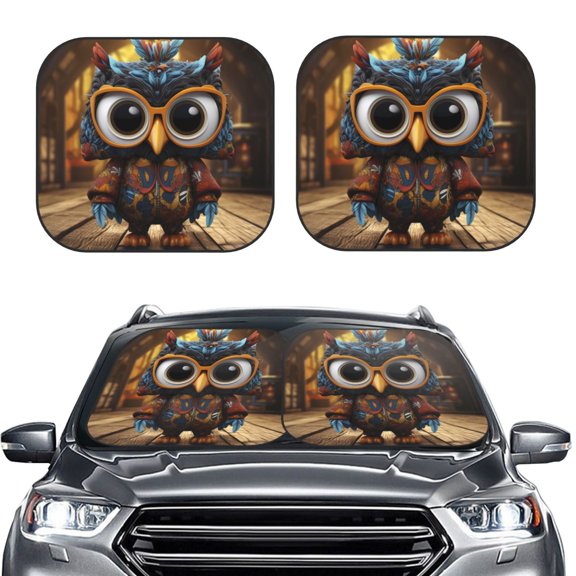 Picia Quirky Owl With Glasses 2 Piece Car Windshield Sun Shade Foldable | Foldable Sun Shield for Front Window Blocks UV Rays and Keeps Your Vehicle Cool-Large