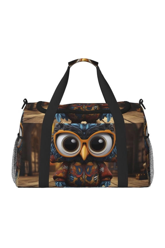 Quirky Owl With Glasses Print Travel Duffle Bag,Weekender Bags for Women with Shoe Compartment, Gym Duffel Bag with Wet Pocket, Hospital Bags for Labor and Delivery