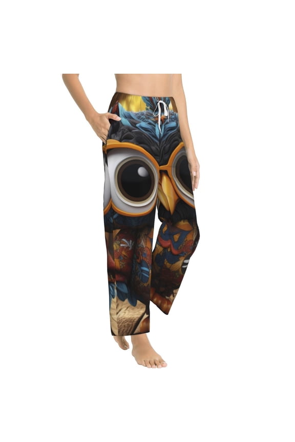 Quirky Owl With Glasses Womens Soft Woven Cotton Elastic Waistband Sleep Pajama Pant Lounge Sleep Pant With Pockets And Drawstring-Large