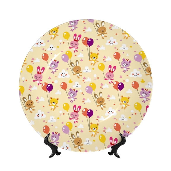 Picia Rabbit And Balloon Pattern Bone China Decorative Plate – Wall Decor with Stand and Adhesive, Elegant Ornament for Living Room, Office, or Entryway-10in