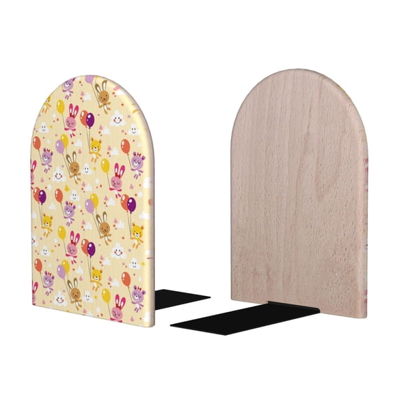 Picia Rabbit And Balloon Pattern Wood Bookends for Shelves,Non-slip Bookends, Heavy Duty Wooden Bookend Support,1 Pair