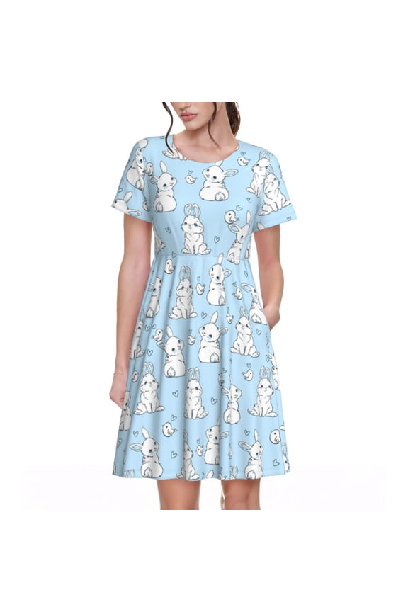 Rabbit And Bird Pattern Women's Short Sleeve Summer Dress Pleated Loose Swing Knee Length Short Sleeve Swing Dresses