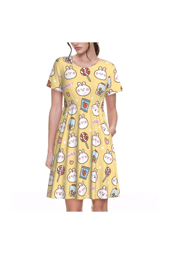 Rabbit And Candy Pattern Women's Short Sleeve Summer Dress Pleated Loose Swing Knee Length Short Sleeve Swing Dresses