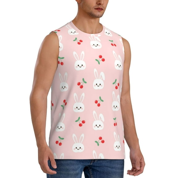 Picia Rabbit And Cherry mens Cotton Tank Undershirts , Moisture-wicking Ribbed Tanks, Lightweight Cotton Tank Undershirts-Small