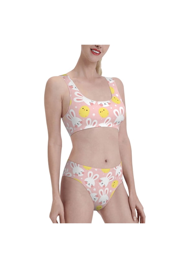 Rabbit And Chick Women's High Waisted Bikini Scoop Neck Swimsuit Two Pieces Bathing Suit-Medium