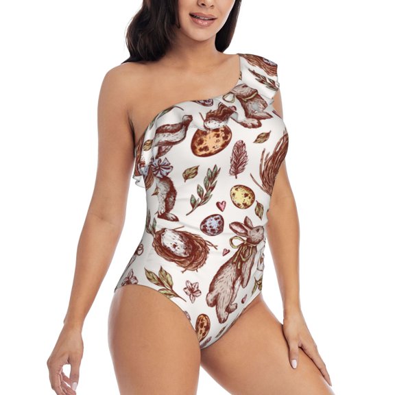 Picia Rabbit And Egg Pattern Women's One Piece Swimsuits,One Shoulder Swimwear Asymmetric ,Ruffle Monokinis Bathing Suits,High Waisted Flattering Bathing Suits-X-Large