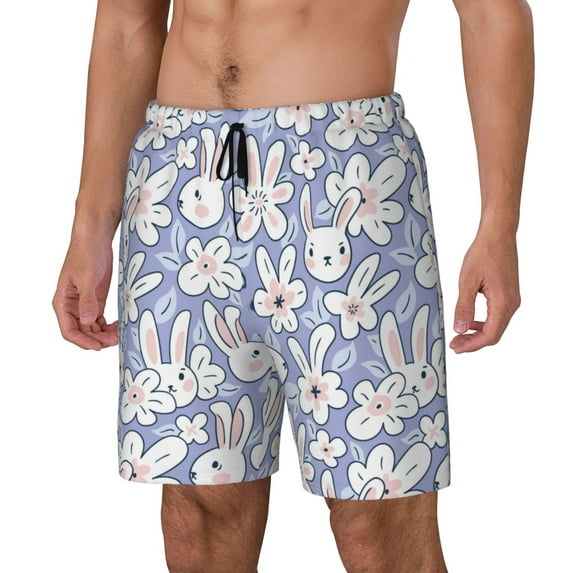 Picia Rabbit And Floral pattern Mens Swim Trunks with Compression Liner Stretch Beach Shorts Quick Dry with Zipper Pockets No-Chafing Board Shorts-Large