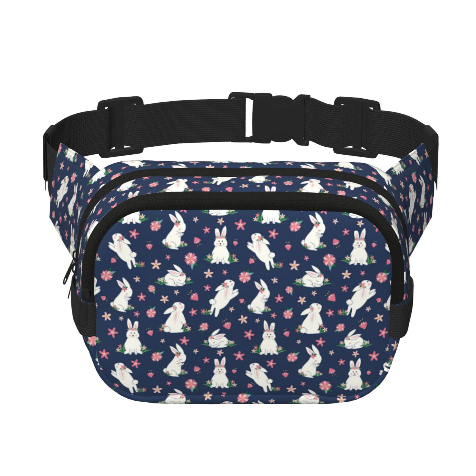 Picia Rabbit And Flower Print Square Double-Layer Waist Bag Mini Adjustable Waist Belt Bag Exercise Running Travel Hiking