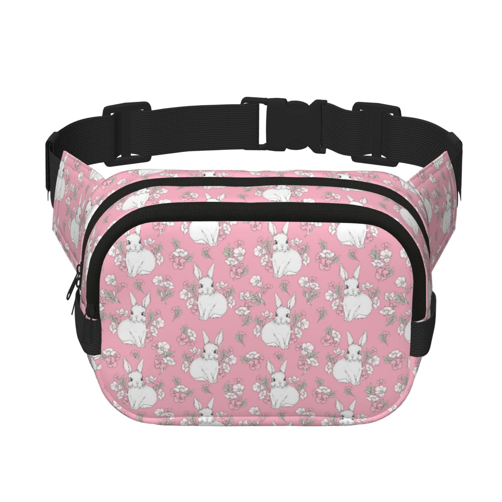 Picia Rabbit And Flower Print Square Double-Layer Waist Bag Mini Adjustable Waist Belt Bag Exercise Running Travel Hiking