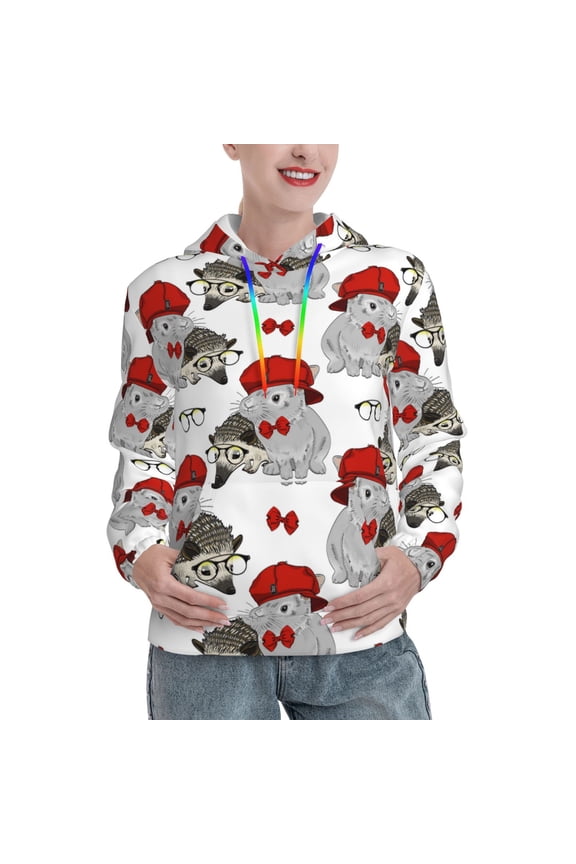 Rabbit And Hedgehog Pattern Casual Women's Hoodie, Hooded Sweatshirt with Kangaroo Pocket, Comfortable Pullover with Eye-catching Drawstrings-Medium