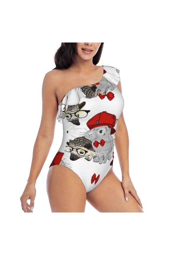 Rabbit And Hedgehog Pattern Women's One Piece Swimsuits,One Shoulder Swimwear Asymmetric ,Ruffle Monokinis Bathing Suits,High Waisted Flattering Bathing Suits-Medium