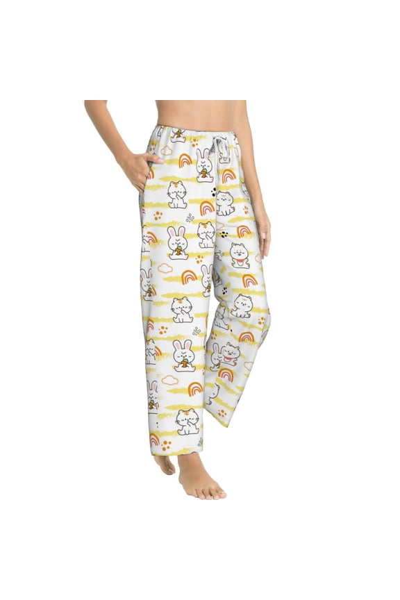Rabbit And Milk Tea Womens Soft Woven Cotton Elastic Waistband Sleep Pajama Pant Lounge Sleep Pant With Pockets And Drawstring-Medium