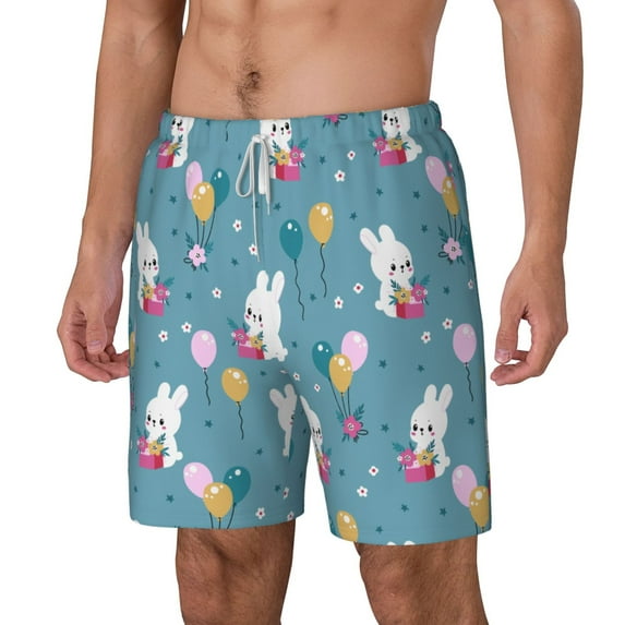 Picia Rabbit And Balloon pattern Mens Swim Trunks with Compression Liner Stretch Beach Shorts Quick Dry with Zipper Pockets No-Chafing Board Shorts-Medium