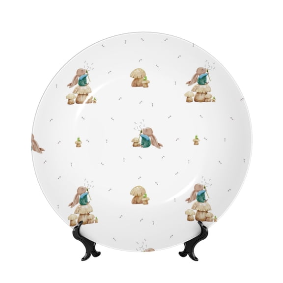 Picia Rabbit Blowing Dandelions Pattern Bone China Decorative Plate – Wall Decor with Stand and Adhesive, Elegant Ornament for Living Room, Office, or Entryway-8in
