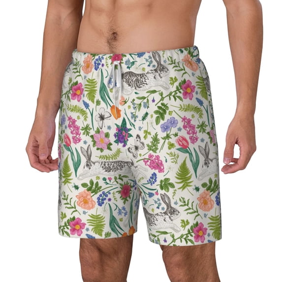 Picia Rabbit And Butterfly pattern Mens Swim Trunks with Compression Liner Stretch Beach Shorts Quick Dry with Zipper Pockets No-Chafing Board Shorts-Medium