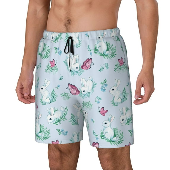 Picia Rabbit And Butterfly pattern Mens Swim Trunks with Compression Liner Stretch Beach Shorts Quick Dry with Zipper Pockets No-Chafing Board Shorts-Small