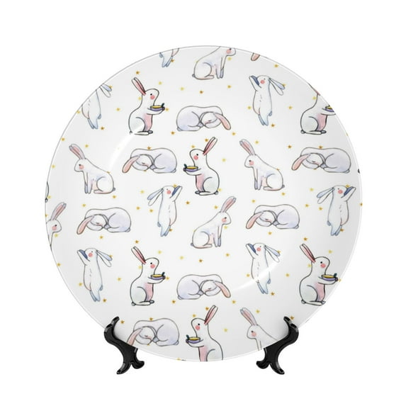 Picia Rabbit Eating Pattern Bone China Decorative Plate – Wall Decor with Stand and Adhesive, Elegant Ornament for Living Room, Office, or Entryway-8in