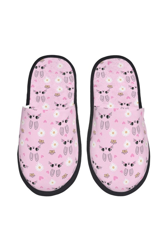Rabbit Face Print Women's Fuzzy Fluffy House Slippers Plush Memory Foam Shoes Indoor Outdoor-Medium