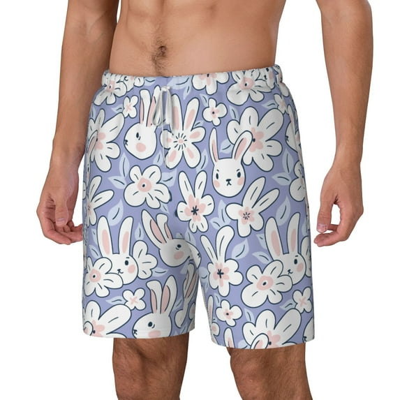 Picia Rabbit And Floral pattern Mens Swim Trunks with Compression Liner Stretch Beach Shorts Quick Dry with Zipper Pockets No-Chafing Board Shorts-XX-Large
