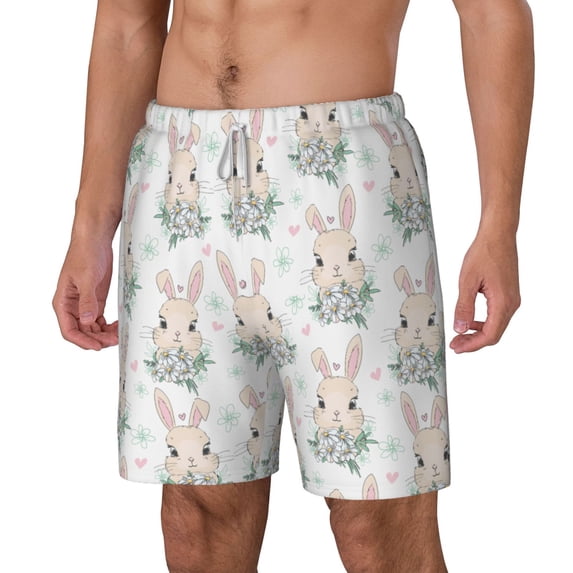Picia Rabbit And Flower pattern Mens Swim Trunks with Compression Liner Stretch Beach Shorts Quick Dry with Zipper Pockets No-Chafing Board Shorts-3X-Large