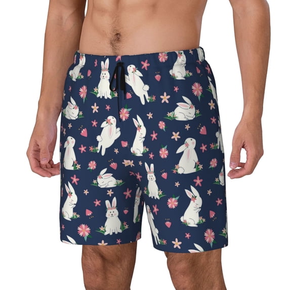 Picia Rabbit And Flower pattern Mens Swim Trunks with Compression Liner Stretch Beach Shorts Quick Dry with Zipper Pockets No-Chafing Board Shorts-Large