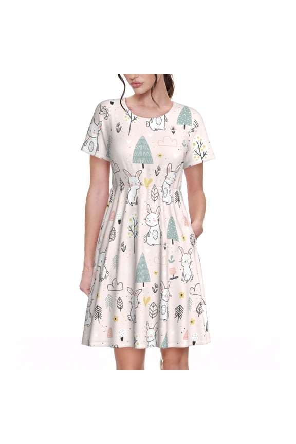 Rabbit Forest Pattern Women's Short Sleeve Summer Dress Pleated Loose Swing Knee Length Short Sleeve Swing Dresses