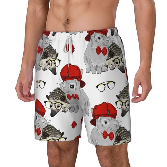 Picia Rabbit And Hedgehog pattern Mens Swim Trunks with Compression Liner Stretch Beach Shorts Quick Dry with Zipper Pockets No-Chafing Board Shorts-3X-Large