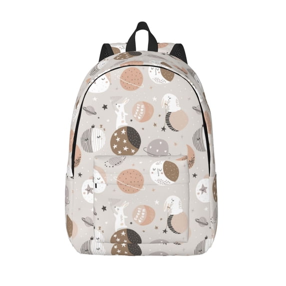 Picia Rabbit In Space Printed Canvas Daypack - Stylish and Durable Vintage Compact Backpack - Class, Work, Travel, or Laptop Bookbag,Organized Compartments-Medium