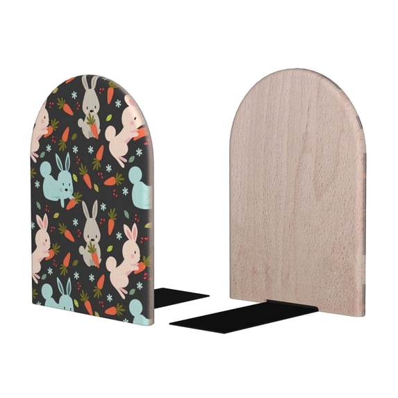 Picia Rabbit Is Eating Carrots Pattern Wood Bookends for Shelves,Non-slip Bookends, Heavy Duty Wooden Bookend Support,1 Pair