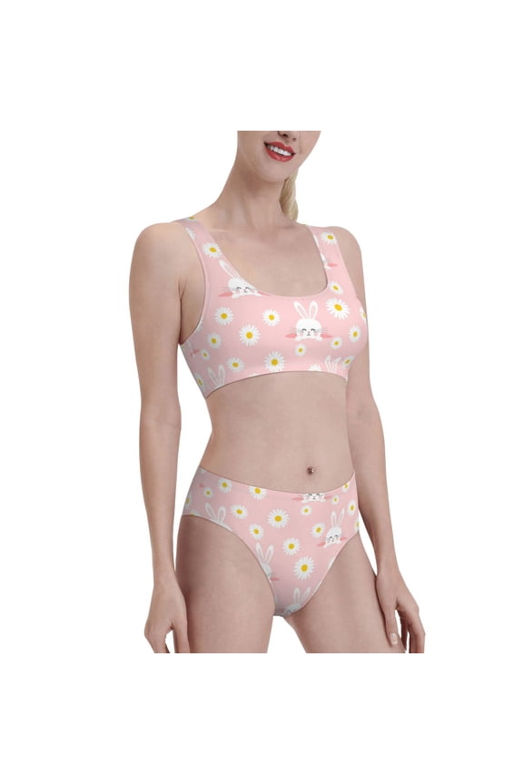 Rabbit Sunflower Women's High Waisted Bikini Scoop Neck Swimsuit Two Pieces Bathing Suit-Medium