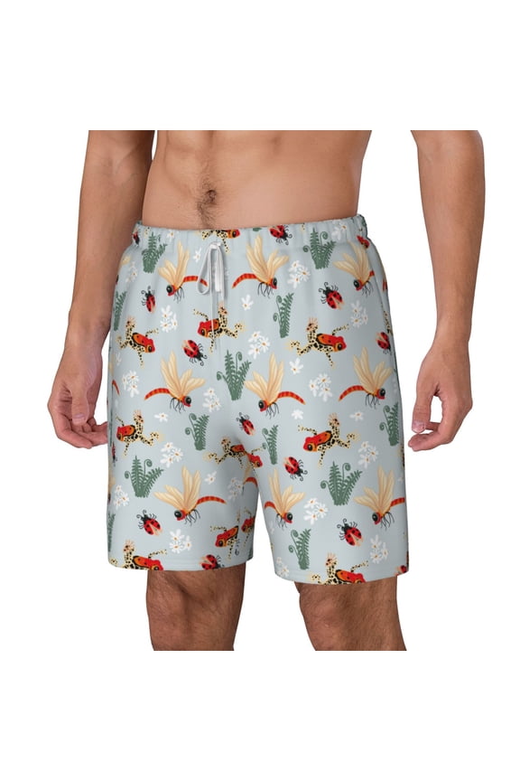 Ragonfly And Ladybug pattern Mens Swim Trunks with Compression Liner Stretch Beach Shorts Quick Dry with Zipper Pockets No-Chafing Board Shorts-Small