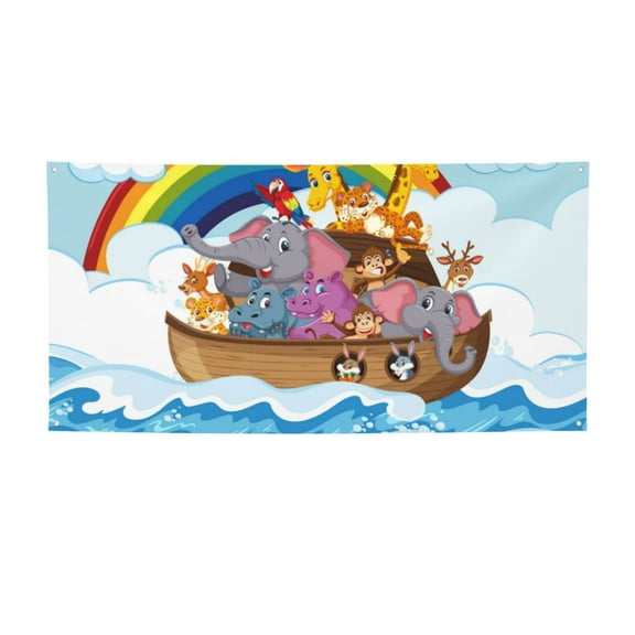 Picia Rainbow Animals on Noah's Ark Pattern Party Banner, Festive Decoration, Holiday Banner, Celebration Decor, Event Banner, Reusable Party Banner-Small