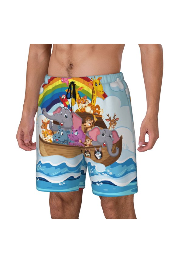 Rainbow Animals on Noah's Ark pattern Mens Swim Trunks with Compression Liner Stretch Beach Shorts Quick Dry with Zipper Pockets No-Chafing Board Shorts-