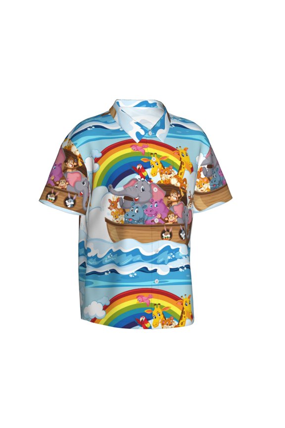 Rainbow Animals on Noah's Ark Gentle Cotton Regular Fit Short Sleeve Casual Hawaiian Shirt for Men-Small