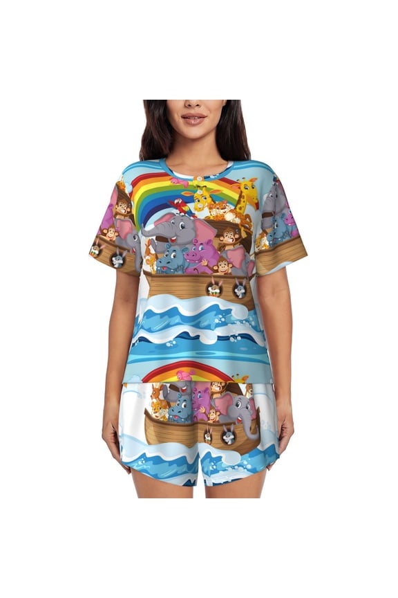 Rainbow Animals on Noah's Ark Pajamas Sets for Women Soft Short-Sleeved Pjs with Lounge Shorts Two Piece Sleepwear-XX-Large