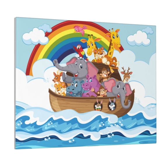 Picia Rainbow Animals on Noah's Ark Pattern Decorative Picture – Unique Wall Art, Modern Canvas Print for Trendy Interiors (Horizontal)