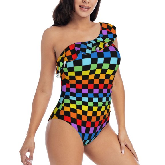 Picia Rainbow Chequerboard Pattern Women's One Piece Swimsuits,One Shoulder Swimwear Asymmetric ,Ruffle Monokinis Bathing Suits,High Waisted Flattering Bathing Suits-Medium