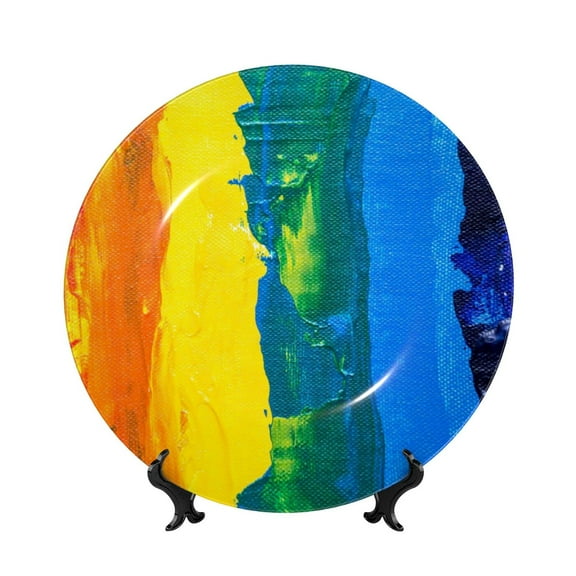 Picia Rainbow Colored Pattern Bone China Decorative Plate – Wall Decor with Stand and Adhesive, Elegant Ornament for Living Room, Office, or Entryway-8in