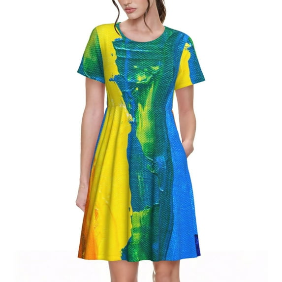 Picia Rainbow Colored Pattern Women's Short Sleeve Summer Dress Pleated Loose Swing Knee Length Short Sleeve Swing Dresses