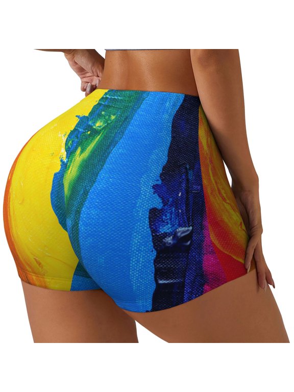 Rainbow Colored Printed Workout Shorts for Women Seamless Scrunch Butt Lifting High Waisted Yoga Gym Booty Running Moisture-wicking Short Pants-