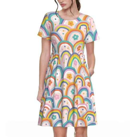 Picia Rainbow Flowers Pattern Women's Short Sleeve Summer Dress Pleated Loose Swing Knee Length Short Sleeve Swing Dresses